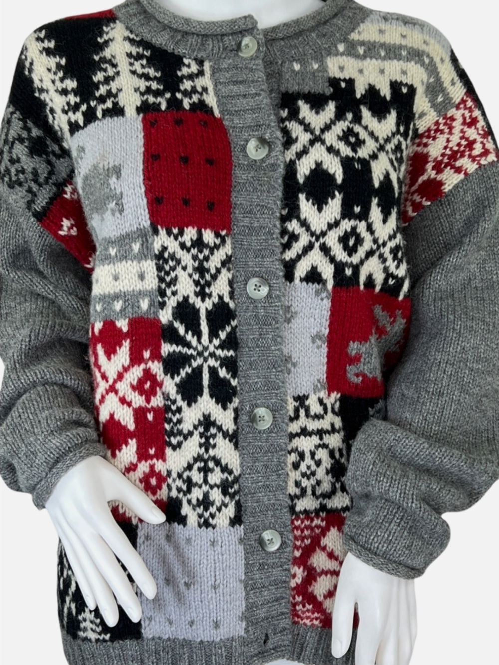 Eddie Bauer Gray Wool Knit Rabbit Patchwork Cardigan
